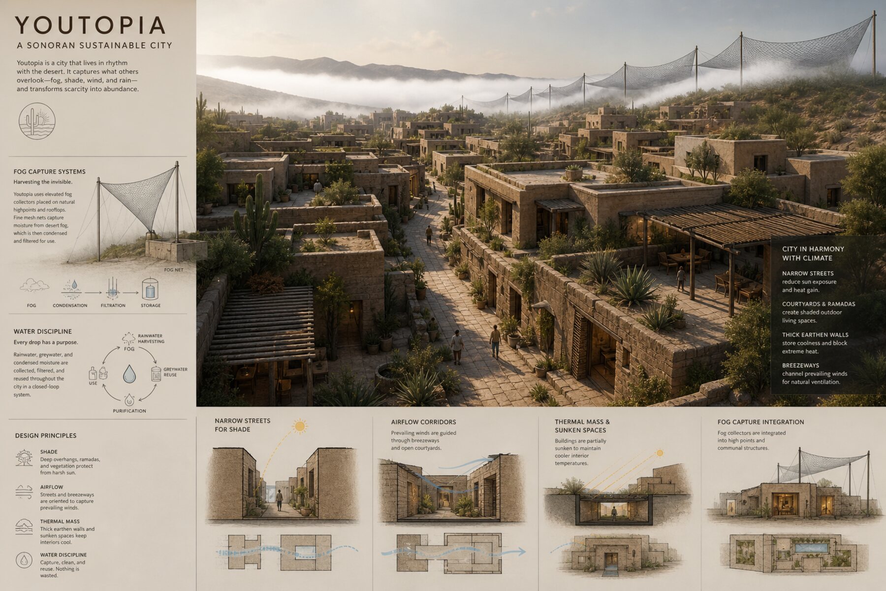 Youtopia surface city — concept board with fog capture, water discipline, design principles