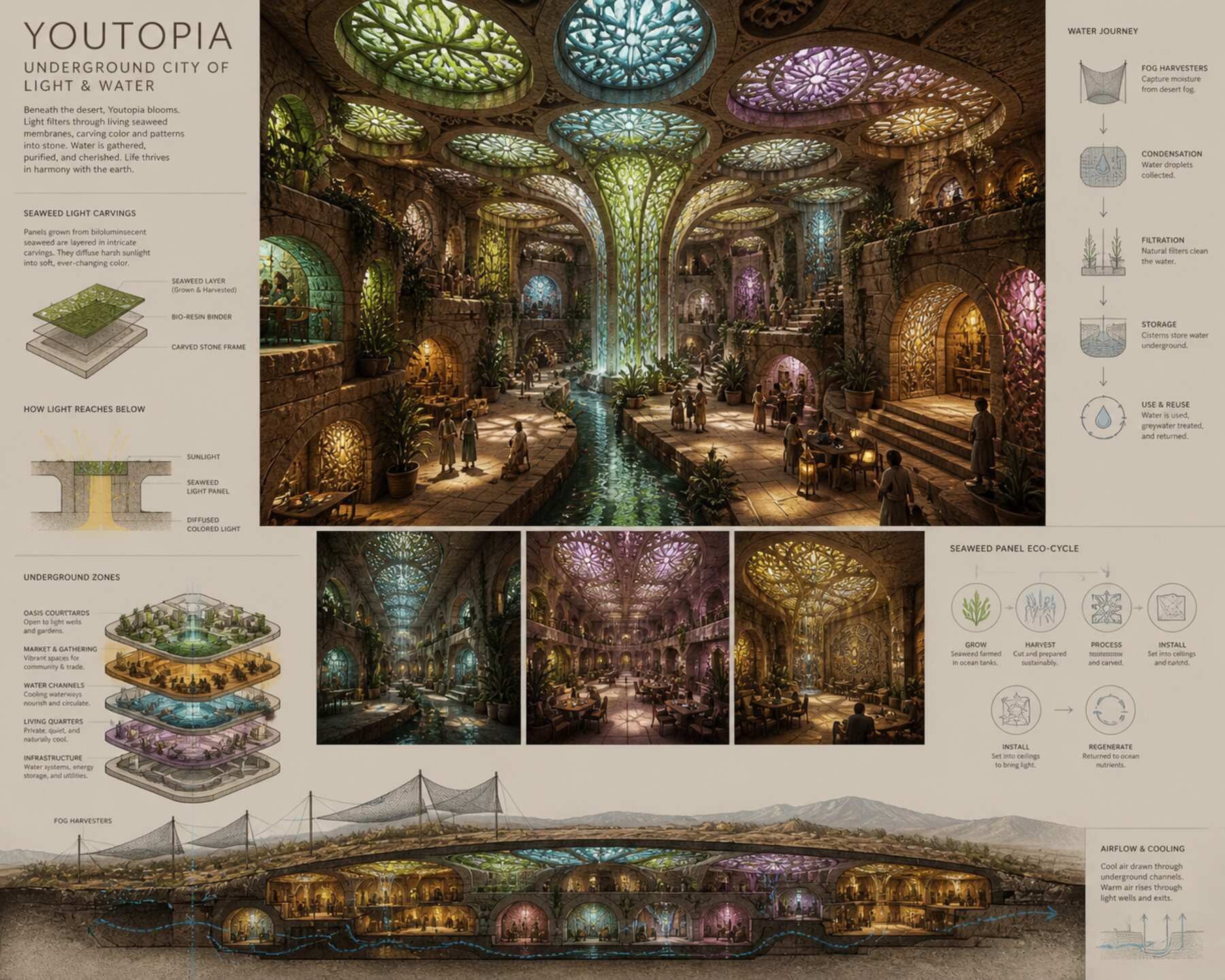Underground city of light and water — stained organic membranes filter sun into the carved earth chambers