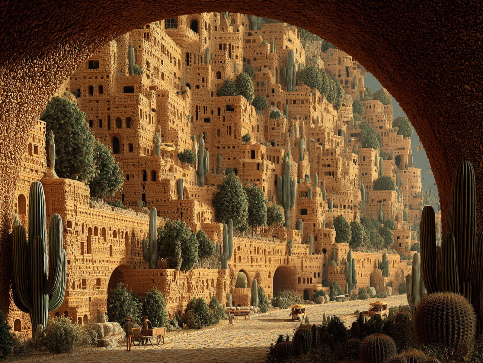 View of the city through a great earthen arch