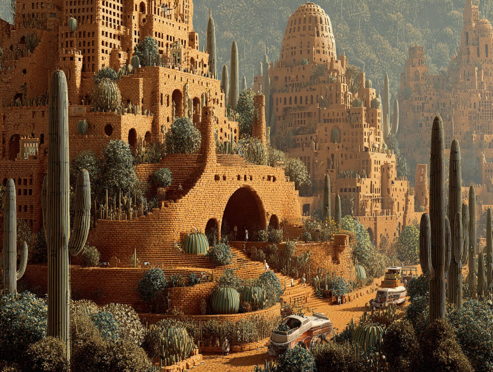 Terraced earth city with vaulted bridge and saguaros