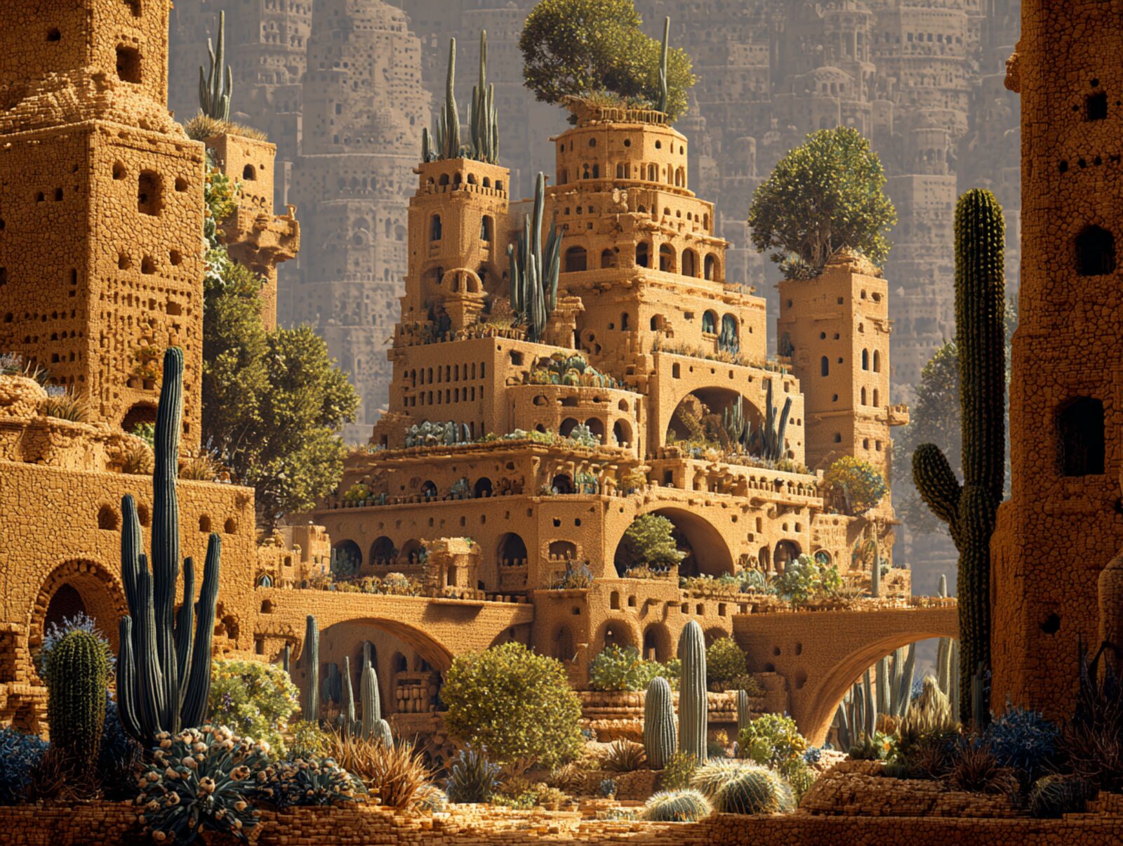 Earth-built towers and terraces of Youtopia, threaded with cacti and saguaros